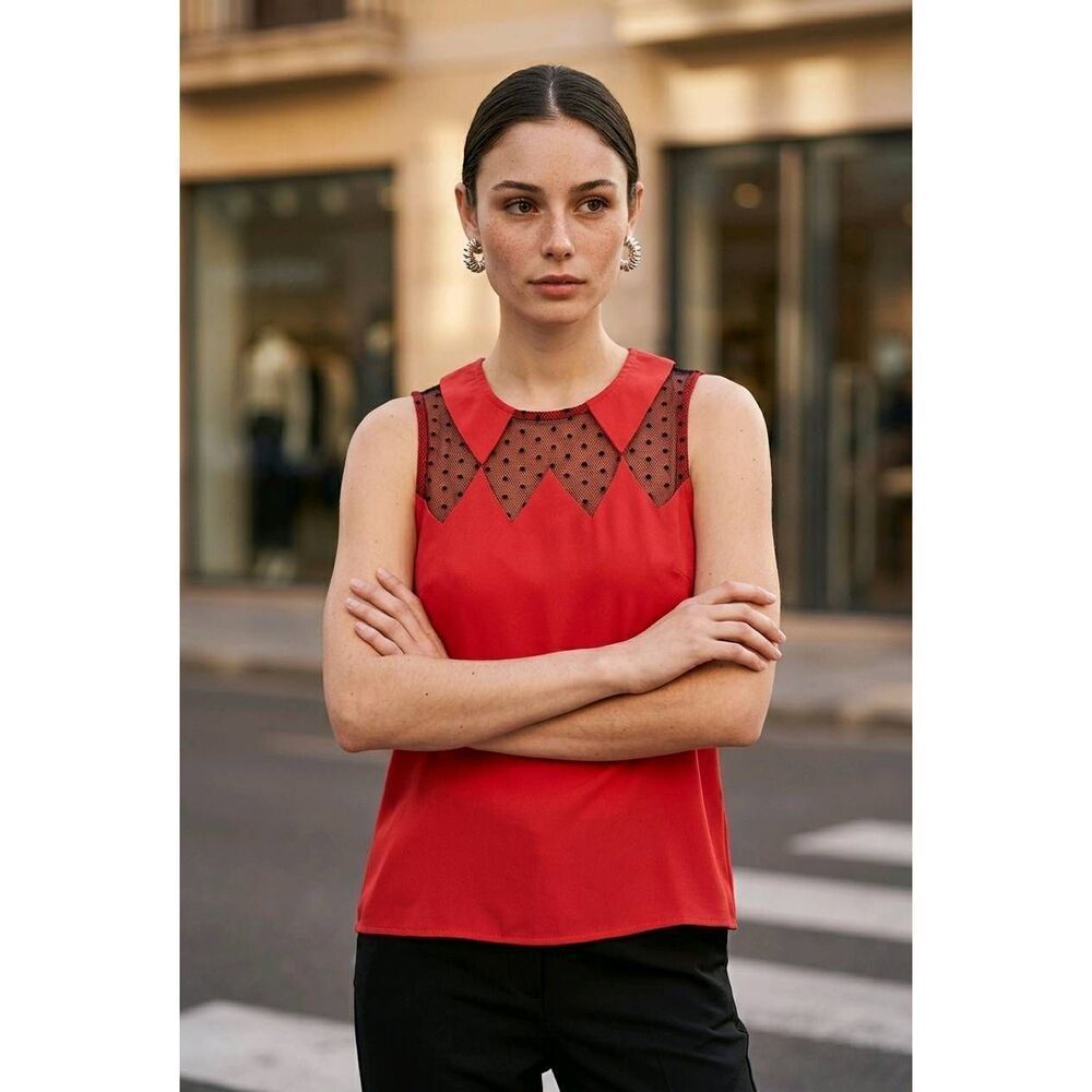 🔺️Sugarlips Orange w/Black Polka Dot Mesh Lace Sleeveless Top Large